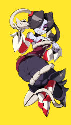 Rule 34 | 1girl, absurdres, ass, black hair, blue skin, breasts, cleavage, colored skin, dress, full body, hair over one eye, half-closed eyes, highres, leviathan (skullgirls), postblue98, red eyes, side ponytail, skeletal arm, skullgirls, smile, solo, squigly (skullgirls), stitched mouth, stitches, striped legwear, twisted torso, zombie