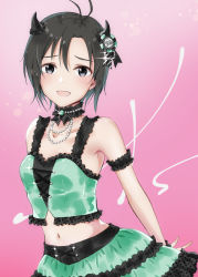 Rule 34 | 1girl, :d, antenna hair, arm strap, black eyes, black hair, breasts, choker, collarbone, hair between eyes, highres, horns, idolmaster, idolmaster (classic), jewelry, kikuchi makoto, looking at viewer, midriff, mogskg, navel, necklace, open mouth, pink background, short hair, sleeveless, small breasts, smile, solo, standing, stomach