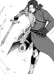 Rule 34 | 1boy, fate/grand order, fate (series), foot out of frame, gilles de rais (saber) (fate), greyscale, holding, holding sword, holding weapon, itaru (kidomh63), knight, looking at viewer, low ponytail, male focus, medium hair, monochrome, serious, solo, standing, standing on one leg, sword, weapon