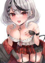 Rule 34 | 1girl, absurdres, arm garter, bare shoulders, black collar, black gloves, black hair, black jacket, blush, bow, braid, breasts, camisole, cleavage, collar, collarbone, ear piercing, fang, fingerless gloves, garter belt, garter straps, gloves, grey hair, hair ornament, highres, hololive, jacket, large breasts, looking at viewer, medium hair, multicolored hair, nail polish, open mouth, piercing, plaid, plaid bow, plaid skirt, red eyes, red skirt, sakamata chloe, skirt, solo, streaked hair, thighhighs, unico 25, virtual youtuber, white background, white camisole, x hair ornament