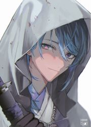 Rule 34 | 1boy, black gloves, blood, blood on clothes, blue hair, closed mouth, genshin impact, gloves, highres, holding, holding sheath, hood, hood up, japanese clothes, kamisato ayato, looking at viewer, male focus, mole, mole under mouth, portrait, purple eyes, sheath, simple background, solo, sword, ueauwa, weapon, white background