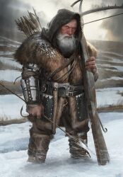 Rule 34 | 1boy, beard, bow (weapon), coat, crossbow, dwarf, facial hair, fur coat, fur collar, grey hair, gwent (game), highres, hood, hooded coat, looking at viewer, non-web source, outdoors, quiver, snow, standing, the witcher (series), weapon, white hair