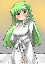 Rule 34 | 1girl, blush, breasts, frog hair ornament, gaoo (frpjx283), green eyes, green hair, hair ornament, highres, japanese clothes, kimono, kochiya sanae, large breasts, long hair, looking at viewer, open mouth, right-over-left kimono, shiroshouzoku, smile, snake hair ornament, solo, touhou, triangular headpiece, white kimono
