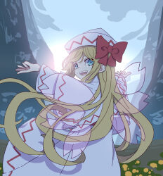 Rule 34 | 1girl, absurdres, blonde hair, blue eyes, capelet, dress, fairy, fairy wings, from behind, hat, highres, kame (kamepan44231), lily white, long hair, long sleeves, looking at viewer, looking back, one-hour drawing challenge, open mouth, smile, solo, touhou, white capelet, white dress, white hat, wide sleeves, wings