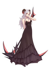 Rule 34 | 1girl, back, bare shoulders, black dress, breasts, cleavage, collarbone, dress, gown, halter dress, halterneck, highres, large breasts, liu lan, long hair, looking at viewer, original, parted lips, red eyes, scythe, silver hair, simple background, solo, white background