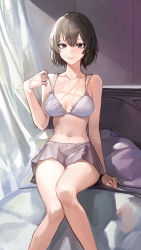 Rule 34 | 1girl, absurdres, bed, bow, bow bra, bra, brown hair, curtains, feet out of frame, frilled bra, frills, grey skirt, highres, indoors, light smile, looking at viewer, mac star, navel, original, purple eyes, short hair, sitting, skirt, solo, underwear, white bra