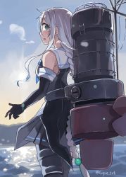 Rule 34 | 1girl, :d, black gloves, black pantyhose, black skirt, blue eyes, braid, collared shirt, elbow gloves, from behind, gloves, hair tie, highres, kantai collection, long hair, looking at viewer, machinery, mole, mole under eye, open mouth, pantyhose, parted bangs, pleated skirt, sailor collar, shirt, silver hair, skirt, sleeveless, sleeveless shirt, smile, solo, sugue tettou, twitter username, umikaze (kancolle), umikaze kai ni (kancolle), very long hair