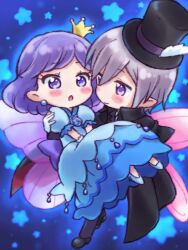 Rule 34 | 1boy, 1girl, black cape, black hat, black suit, blue background, blue dress, blue footwear, blush, cape, carrying, closed mouth, crown, dress, earrings, fairy wings, formal, full body, hat, highres, ikzw, jewelry, looking at another, open mouth, pointy ears, princess carry, purple eyes, purple hair, purple wings, rilu rilu fairilu, shoes, short hair, smile, standing, star (symbol), statice (fairilu), suit, sumire (fairilu), top hat, wings