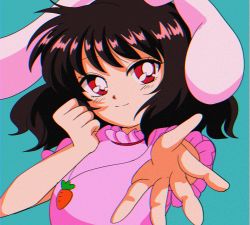 Rule 34 | 1990s (style), 1girl, animal ears, black hair, blue background, blush, carrot necklace, closed mouth, dress, foreshortening, hanadi detazo, highres, inaba tewi, jewelry, necklace, one-hour drawing challenge, pink dress, rabbit ears, reaching, reaching towards viewer, red eyes, retro artstyle, short hair, short sleeves, simple background, smile, solo, touhou