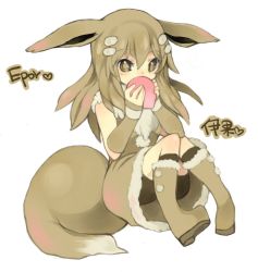 Rule 34 | 1girl, animal ears, berry (pokemon), bike shorts, black socks, blush, boots, brown eyes, brown hair, brown sleeves, brown theme, character name, chinese text, covered mouth, creatures (company), detached sleeves, dress, ears down, eevee, english text, female focus, food, fox ears, fox girl, fox tail, fruit, full body, fur-trimmed dress, fur-trimmed footwear, fur collar, fur trim, game freak, gen 1 pokemon, hair ornament, hairclip, hands up, heart, highres, holding, holding food, holding fruit, knee boots, kneehighs, knees together feet apart, light blush, long hair, looking at viewer, matching hair/eyes, nintendo, pecha berry, personification, pokemon, pom pom (clothes), puddingx2, sidelocks, simple background, sitting, sleeveless, sleeveless dress, socks, solo, tail, translation request, white background