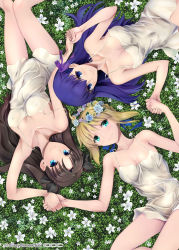 Rule 34 | 3girls, artoria pendragon (fate), black hair, black ribbon, blonde hair, blue eyes, breasts, cleavage, collarbone, covered erect nipples, covered navel, dress, fate/stay night, fate (series), field, flower, flower field, from above, grass, green eyes, hair bun, hair flower, hair ornament, hair ribbon, head wreath, highres, holding hands, large breasts, long hair, looking at viewer, lying, matou sakura, multiple girls, on back, purple eyes, purple hair, purple ribbon, ribbon, shirotsumekusa, single hair bun, small breasts, smile, spaghetti strap, strap slip, tohsaka rin, twintails, twitter username, white dress