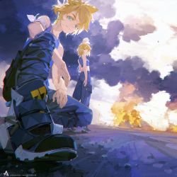 Rule 34 | 1boy, 1girl, a-shacho, arm scarf, black pants, blonde hair, blue eyes, bow, closed mouth, crop top, explosion, hair bow, hair ornament, hairclip, highres, kagamine len, kagamine rin, on one knee, outdoors, pants, ponytail, ready steady (vocaloid), short hair, short ponytail, siblings, sleeveless, smoke, standing, tank top, twins, vocaloid