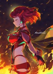 Rule 34 | 1girl, breasts, closed eyes, copyright name, cowboy shot, fingerless gloves, fire, from side, gloves, glowing, highres, jewelry, large breasts, nintendo, parted lips, pyra (xenoblade), red hair, short hair, short shorts, shorts, skindentation, smile, solo, standing, tiara, tonami kanji, xenoblade chronicles (series), xenoblade chronicles 2