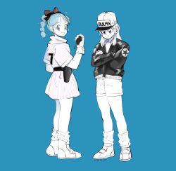 Rule 34 | 2019, 2girls, :/, :d, bad id, bad twitter id, bare legs, baseball cap, black jacket, blue background, blue eyes, blue hair, blue theme, boots, braid, bulma, character name, clothes writing, cool gelato, crossed arms, dated, dragon ball, dragon ball (classic), dragon radar, dress, dual persona, eyelashes, fanny pack, frown, gloves, hair ribbon, happy, hat, holding, jacket, legs apart, looking at viewer, looking down, multiple girls, open mouth, red ribbon, ribbon, shirt, shoes, short dress, short hair, short sleeves, shorts, side-by-side, simple background, single braid, smile, sneakers, socks, spot color, standing, straight hair, striped clothes, striped dress, white theme