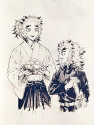 Rule 34 | 2boys, absurdres, age switch, aged down, aged up, basket, brothers, child, colored tips, cropped legs, demon slayer uniform, food, forked eyebrows, galllisto, hakama, half updo, hand up, highres, holding, holding basket, japanese clothes, katana, kimetsu no yaiba, kimono, long sleeves, looking at another, looking away, looking to the side, male focus, medium hair, monochrome, multicolored hair, multiple boys, open mouth, photo (medium), ponytail, profile, rengoku kyoujurou, siblings, simple background, sketch, streaked hair, sweet potato, sword, weapon