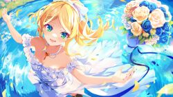 Rule 34 | 1girl, bare shoulders, blonde hair, blue flower, blue rose, bouquet, bow, commission, dennryuurai, dress, flower, from above, gem, green eyes, hair bow, highres, jewelry, long hair, looking at viewer, necklace, open mouth, original, pearl necklace, ponytail, red gemstone, rose, skeb commission, solo, strapless, strapless dress, water, white dress, yellow flower, yellow rose