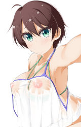 Rule 34 | 10s, 1girl, blush, breasts, brown hair, covered erect nipples, foreshortening, green eyes, highres, hinata masaki, large breasts, new game!, see-through, shinoda hajime, short hair, smile, solo, upper body, wet, wet clothes
