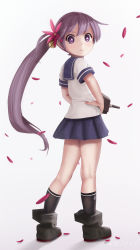 Rule 34 | 10s, 1girl, absurdres, akebono (kancolle), artist name, bell, black socks, flower, full body, hair bell, hair flower, hair ornament, hand on own hip, highres, jingle bell, kantai collection, long hair, looking at viewer, novcel, petals, purple eyes, purple hair, serious, shadow, shoes, side ponytail, skirt, socks, solo, standing, white background
