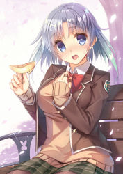 Rule 34 | 1girl, :o, bench, blue eyes, blue hair, blush, bow, bowtie, breasts, brown jacket, character request, cherry blossoms, collared shirt, cowboy shot, emblem, eyebrows, food, gradient hair, green hair, green skirt, hand on own chest, holding, holding food, jacket, jewelry, kanpani girls, large breasts, long sleeves, looking at viewer, matching hair/eyes, multicolored hair, open mouth, outdoors, park bench, parted bangs, petals, plaid, plaid skirt, plant, red bow, red bowtie, ring, round teeth, shirt, short hair, sitting, skirt, sleeves past wrists, solo, sweater, taletale, tareme, teeth, tree, wing collar