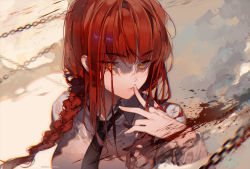 Rule 34 | 1girl, black necktie, blood, braid, chain, chainsaw man, closed mouth, collared shirt, commentary request, finger to mouth, fingernails, hand up, kawacy, lips, long hair, long sleeves, looking at viewer, makima (chainsaw man), necktie, red eyes, red hair, shirt, solo, upper body, white shirt