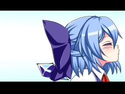 Rule 34 | 1girl, blue hair, blush, bow, cirno, closed eyes, hair bow, highres, ice, ice wings, imminent kiss, letterboxed, puckered lips, short hair, solo, touhou, wings, yagami (mukage)