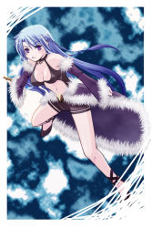 Rule 34 | 1girl, black footwear, black shirt, black shorts, blue hair, border, braid, breasts, cape, choker, cleavage, closed mouth, commentary request, dagger, detached sleeves, full body, fur-trimmed cape, fur-trimmed sleeves, fur trim, hachipocchi, high heels, holding, holding dagger, holding knife, holding weapon, knife, long hair, looking at viewer, medium breasts, navel, purple cape, purple eyes, purple sleeves, ragnarok online, revealing clothes, shirt, short shorts, shorts, solo, stalker (ragnarok online), twin braids, waist cape, weapon, white border
