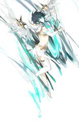 Rule 34 | 1boy, absurdres, aqua eyes, aqua hair, black hair, braid, bridal gauntlets, closed mouth, detached sleeves, feathered wings, full body, genshin impact, highres, hood, hood up, instrument, lyre, male focus, multicolored hair, side braids, single thighhigh, solo, thighhighs, twitter username, venti (archon) (genshin impact), venti (genshin impact), white thighhighs, white wings, wings, yi yu
