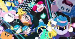 Rule 34 | :3, animal ears, baseball cap, blue headwear, chef kawasaki, commentary request, drum, drum set, drumsticks, elfilin, fangs, glasses, gloves, glowstick, guitar, hat, headphones, holding, holding instrument, instrument, keyboard (instrument), king dedede, kirby, kirby (series), kirby 30th anniversary music festival, magolor, marx (kirby), mask, meta knight, mouse ears, nintendo, no humans, nody (nody lowmoo), notched ear, pom pom (clothes), rayman limbs, saxophone, signature, smile, solid oval eyes, sparkle, trumpet, waddle dee, yellow eyes