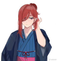 Rule 34 | 1boy, blue kimono, blue lock, chigiri hyoma, closed mouth, commentary request, hair between eyes, hair bun, half-closed eyes, hand up, highres, japanese clothes, kimono, long hair, looking to the side, male focus, minami akino, purple eyes, red hair, simple background, single hair bun, solo, upper body, weibo watermark, white background