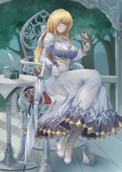 Rule 34 | 1girl, bird, blindfold, blonde hair, boots, breasts, chair, covered eyes, cross-laced footwear, dress, gloves, highres, juliet sleeves, large breasts, long hair, long sleeves, miso (b7669726), original, puffy sleeves, sitting, solo, umbrella, white blindfold, white dress, white footwear, white gloves