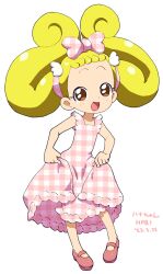 Rule 34 | 1girl, :d, blonde hair, blush, bow, brown eyes, c1 (70904919), clothes lift, dress, dress lift, folded twintails, full body, hair bow, hair ornament, highres, lifted by self, looking at viewer, makihatayama hana, ojamajo doremi, open mouth, pink bow, pink dress, pink footwear, plaid, plaid dress, shoes, simple background, smile, solo, standing, white background