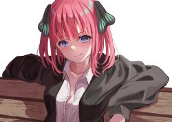 Rule 34 | 1girl, absurdres, bench, black cardigan, black ribbon, blue eyes, blunt bangs, blush, breasts, butterfly hair ornament, cardigan, cleavage, closed mouth, collarbone, commentary request, dress shirt, eyelashes, go-toubun no hanayome, hair ornament, hair ribbon, highres, long sleeves, looking at viewer, medium breasts, medium hair, nakano nino, on bench, open cardigan, open clothes, partially unbuttoned, pink hair, raikun raikun, ribbon, shirt, simple background, smile, smug, solo, straight hair, two side up, upper body, white background, white shirt