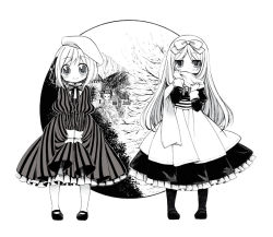 Rule 34 | 2girls, axis powers hetalia, belarus (hetalia), beret, blush, bow, covering face, covering own mouth, covering privates, dress, greyscale, hair bow, hair ribbon, hat, liechtenstein (hetalia), long hair, mary janes, monochrome, multiple girls, nono (c taka), pantyhose, ribbon, scarf, shoes, short hair, striped, vertical stripes