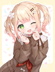 Rule 34 | 1girl, :d, blonde hair, blunt bangs, blush, bow, cardigan, collared shirt, double finger heart, fang, finger heart, flower, gradient hair, green eyes, hair flower, hair ornament, hairclip, hands up, high collar, highres, hololive, long hair, long sleeves, looking at viewer, mameyanagi, momosuzu nene, momosuzu nene (casual), multicolored hair, neck ribbon, neckerchief, one eye closed, open mouth, pink hair, plaid neckerchief, ribbon, shirt, sleeves past wrists, smile, solo, twintails, two-tone hair, virtual youtuber
