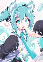 Rule 34 | 1girl, akino coto, animal ears, animal hands, aqua eyes, aqua hair, blush, cat ears, cat tail, fang, gloves, hatsune miku, highres, looking at viewer, necktie, open mouth, paw gloves, paw hair ornament, skin fang, solo, tail, twintails, vocaloid