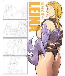 Rule 34 | 1girl, 3boys, 4koma, armor, ass, back, black panties, blonde hair, blue eyes, braid, breasts, buckler, character name, comic, crop top, gauntlets, greaves, hairband, headband, highres, kanchou, large breasts, leina (queen&#039;s blade), lipstick, looking up, makeup, multiple boys, muscular, nappii (nappy happy), panties, partial armor, playing, queen&#039;s blade, revealing armor, shield, sketch, smile, solo focus, strap, tank top, thighs, thong, translation request, twin braids, underwear