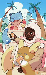 Rule 34 | 1girl, absurdres, alolan form, alolan raichu, blastoise, blush, brown shirt, can, closed eyes, cloud, commentary, commission, creatures (company), dark-skinned female, dark skin, day, drinking, english commentary, flower, flower necklace, game freak, gen 1 pokemon, gen 7 pokemon, glasses, halo, highres, hijab, holding, holding can, jewelry, lei, long sleeves, magicact, necklace, nintendo, on lap, open mouth, original, outdoors, palm tree, pokemon, pokemon (creature), pokemon on lap, shirt, sitting, sitting on lap, sitting on person, smile, sweat, tree, very dark skin