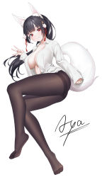 Rule 34 | 1girl, absurdres, animal ear fluff, animal ears, aya (lezon), black hair, blouse, blush, breasts, brown pantyhose, cleavage, collared shirt, fox ears, fox girl, fox hair ornament, fox tail, highres, indie virtual youtuber, large breasts, long hair, looking at viewer, no bra, no shoes, open clothes, open shirt, pantyhose, parted lips, ponytail, red eyes, second-party source, shirt, simple background, sleeves past fingers, sleeves past wrists, smile, solo, tail, thighband pantyhose, thighs, virtual youtuber, white background, white shirt, yuzuki moon