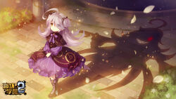 Rule 34 | 1girl, ahoge, benghuai xueyuan, boots, closed mouth, copyright name, dress, falling petals, full body, glowing, grey eyes, hair over one eye, heterochromia, highres, honkai (series), logo, long hair, official art, outdoors, petals, pink hair, purple dress, red eyes, second-party source, shadow, sharp teeth, sin mal, smile, solo, standing, sunset, teeth, yellow eyes