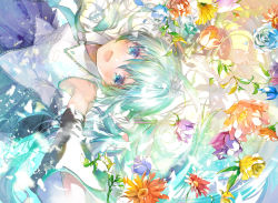 Rule 34 | 1girl, 888myrrh888, :d, aqua eyes, aqua flower, aqua necktie, aqua rose, armpits, bare shoulders, black skirt, blue flower, blue rose, breasts, collared shirt, colorful, detached sleeves, floating hair, flower, green flower, green hair, hair between eyes, happy, hatsune miku, leaf, light, light blush, long hair, looking at viewer, looking up, messy hair, necktie, open mouth, orange flower, outstretched hand, petals, pink flower, plant, pleated skirt, purple flower, purple rose, red flower, rose, shirt, skirt, sleeveless, sleeveless shirt, small breasts, smile, solo, tareme, upper body, upside-down, very long hair, vocaloid, white shirt, yellow flower, yellow rose