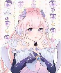 Rule 34 | 1girl, blue bow, bow, detached collar, dress, eyebrows hidden by hair, flower, gem, genshin impact, hands on own face, looking to the side, nana (purin takuan), off shoulder, pink hair, purple bow, purple dress, purple eyes, purple flower, sangonomiya kokomi, smile, solo, star (symbol), white background