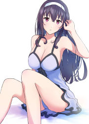 Rule 34 | 1girl, absurdres, bare arms, black hair, breasts, cleavage, collarbone, dress, feet out of frame, hairband, hand up, highres, kasumigaoka utaha, kikuwata, knees up, large breasts, legs, long hair, looking at viewer, nightgown, parted lips, purple eyes, saenai heroine no sodatekata, short dress, sidelocks, sitting, solo, thighs, wavy hair, white hairband