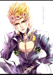 Rule 34 | 1boy, blonde hair, braid, bug, cleavage cutout, clothing cutout, curly hair, giorno giovanna, green eyes, insect, jojo no kimyou na bouken, ladybug, lucyfallforpz, male focus, pectoral cleavage, pectorals, solo, vento aureo