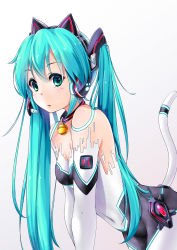 Rule 34 | 1girl, aqua hair, bell, neck bell, cat tail, collar, covered navel, elbow gloves, gloves, green eyes, hatsune miku, headphones, highres, jingle bell, long hair, looking at viewer, miu (angelo whitechoc), solo, tail, twintails, vocaloid