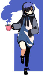 Rule 34 | 1girl, absurdres, baggy clothes, black footwear, blue hair, brown eyes, closed mouth, coffee, coffee mug, commentary request, cup, full body, highres, holding, holding cup, hood, hoodie, idolmaster, idolmaster (classic), kisaragi chihaya, kurumitsu, long hair, mug, shoes, sleeves past wrists, solo, standing, standing on one leg, steam, two-tone background