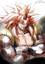 Rule 34 | 1boy, blue eyes, body fur, crossed arms, dated, dragon ball, dragon ball gt, gogeta, grin, highres, long hair, looking at viewer, male focus, metamoran vest, muscular, muscular male, pectoral cleavage, pectorals, red hair, shin (sinsin12121), signature, simple background, smile, solo, spiked hair, super saiyan, super saiyan 4, twitter username, upper body