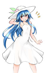 Rule 34 | 1girl, ^^^, absurdres, alternate costume, arm at side, armpits, bare shoulders, blush, breasts, commentary, contrapposto, dress, food, food on head, fruit, fruit on head, grin, hand on headwear, hat, highres, hinanawi tenshi, king (ougon kingyo-bachi), long hair, looking at viewer, object on head, peach, see-through silhouette, sketch, sleeveless, small breasts, smile, solo, standing, sundress, touhou, white dress, white hat