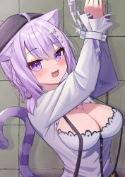 Rule 34 | 1girl, absurdres, alternate costume, animal ears, breasts, chain, cleavage cutout, clothing cutout, fang, highres, hololive, large breasts, nekomata okayu, open mouth, overalls, purple eyes, purple hair, smile, tagme, tail, twintails, virtual youtuber, wall
