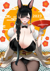 Rule 34 | 1girl, 2023, absurdres, alcohol, animal ears, bare shoulders, black hair, bow, bowtie, breasts, cleavage, cup, detached collar, earrings, egasumi, fake animal ears, gloves, hair ornament, highres, huge breasts, japanese clothes, jewelry, kimono, kojitsunagi (pattern), leotard, looking at viewer, new year, open mouth, original, pantyhose, playboy bunny, rabbit ears, ricochet-gou, sakazuki, sake, seigaiha, side ponytail, sitting, smile, solo, strapless, strapless leotard, white gloves, wrist cuffs