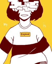 Rule 34 | androgynous, brown hair, chara (undertale), covered eyes, english text, gender request, mamaito, monochrome, name tag, pixelated, shirt, simple background, solo, spoilers, striped clothes, striped shirt, undertale, yellow background